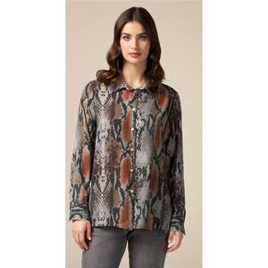 Oltre Italy Georgette Snakeskin Print Button Down Blouse Brown Blue USA 8 NEW